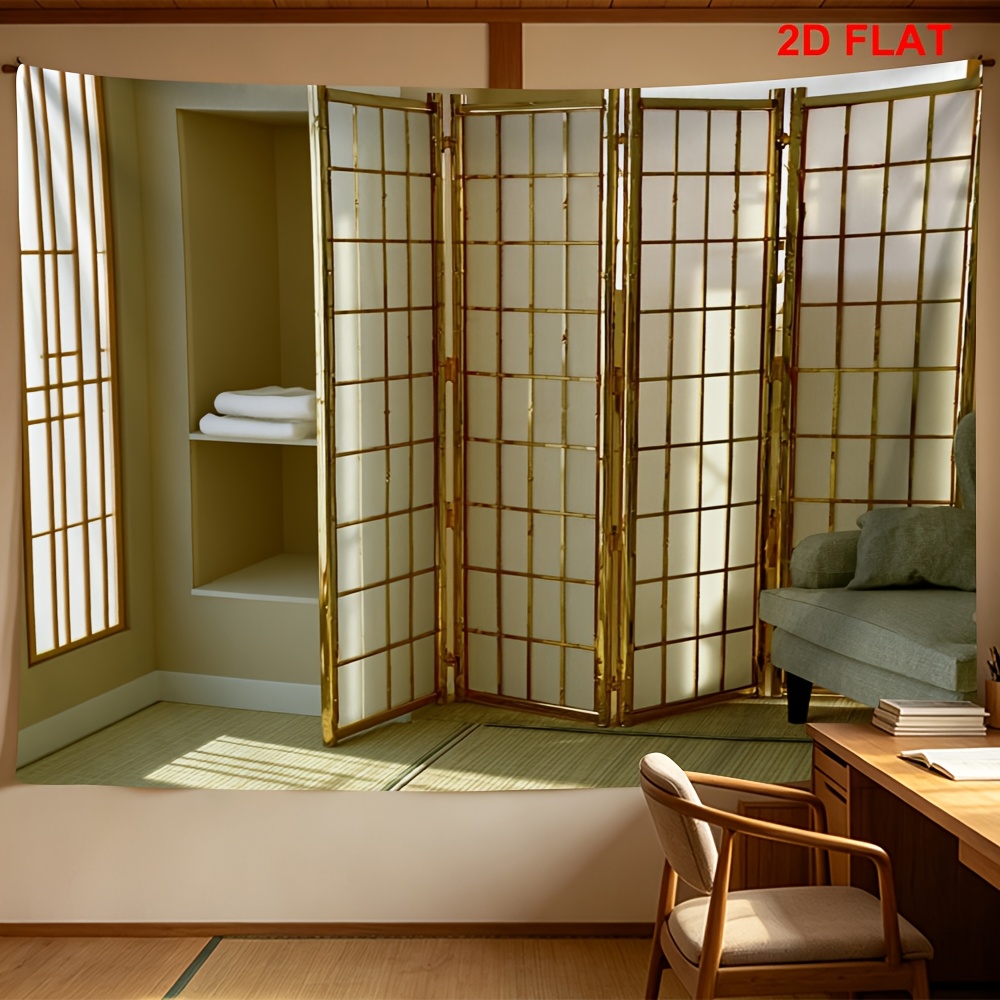 Shoji Screen Divider - ฉากกั้นห้องแบบพับได้สไตล์โชจิญี่ปุ่นตกแต่งหรูหรา โครงโลหะสีทอง ผ้าโพลีเอสเตอร์สำหรับตกแต่งภายใน