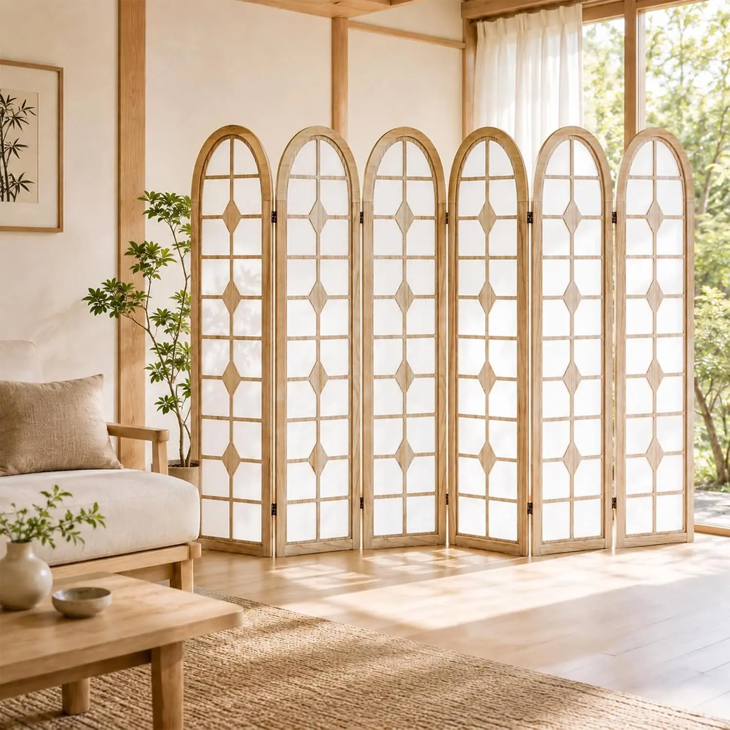 Shoji Screen Divider - ฉากกั้นห้องโชจิ 6 แผง, ฉากกั้นห้องไม้พับได้, สีธรรมชาติ |