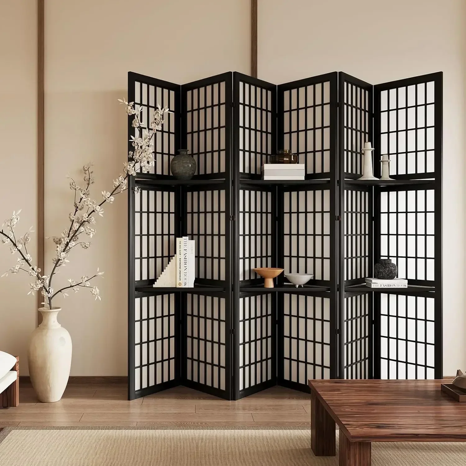 Shoji Screen Divider - ฉากกั้นห้องแบบพับได้ 6 แผง ขนาด 5.6 ฟุต